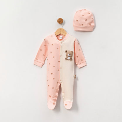 Baby Strampler mit Mütze – 2-teilig | Rosa & Blau | Mit süßem Bärchen-Motiv
