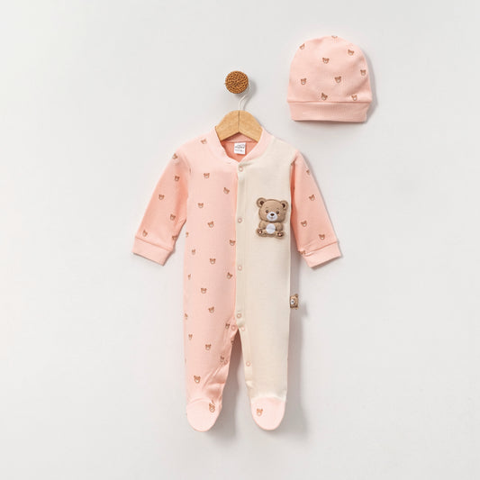 Baby Strampler mit Mütze – 2-teilig | Rosa & Blau | Mit süßem Bärchen-Motiv