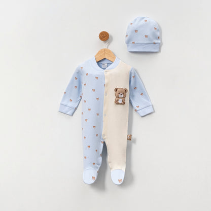 Baby Strampler mit Mütze – 2-teilig | Rosa & Blau | Mit süßem Bärchen-Motiv