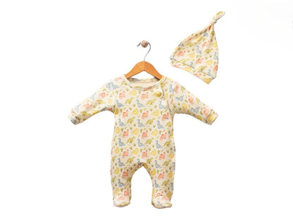 Baby Strampler mit Dino-Motiv & Mütze – Langarm, 100% Baumwolle