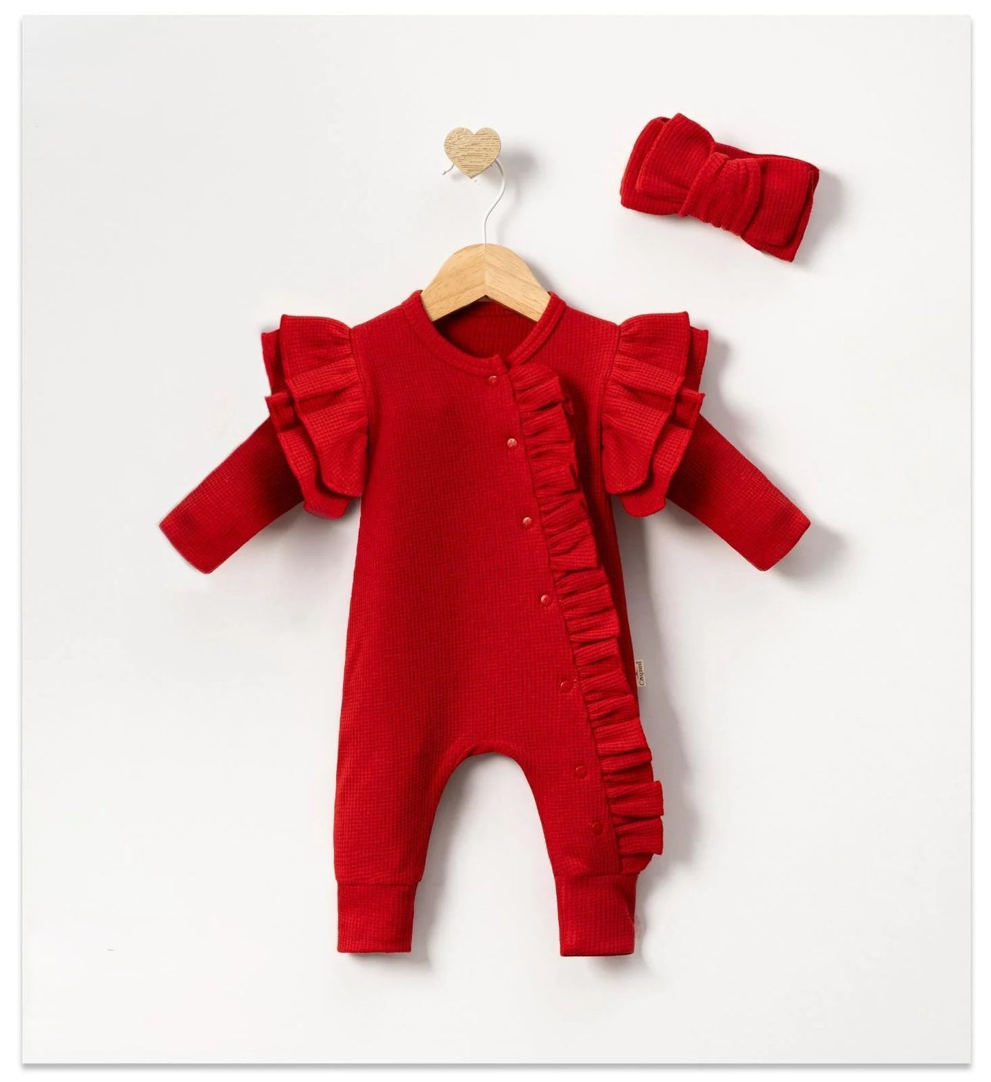 Baby Mädchen Strampler – Roter Jumpsuit mit Rüschen & Haarband