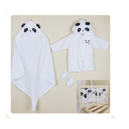 Baby-Bademantel & Badetuch Set 4-teilig – Baumwolle Panda Design Weiß