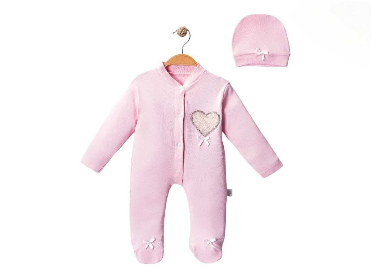 Baby Strampler 2-teilig – Rosa Set mit Herzmotiv & Mütze