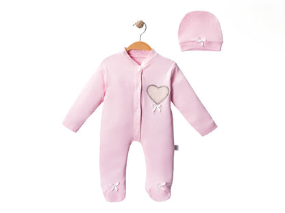 Baby Strampler 2-teilig – Rosa Set mit Herzmotiv & Mütze