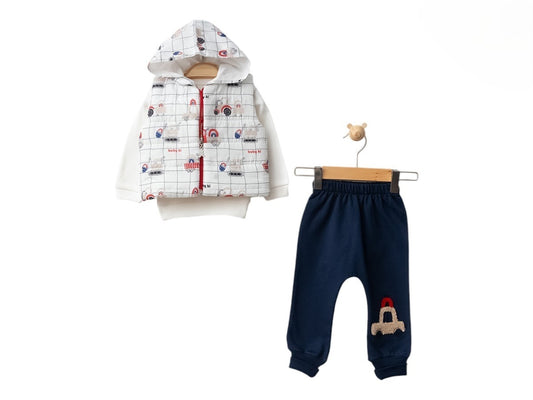3-teiliges Baby Outfit – Hose, Oberteil & gesteppte Kapuzenweste mit Auto-Motiv