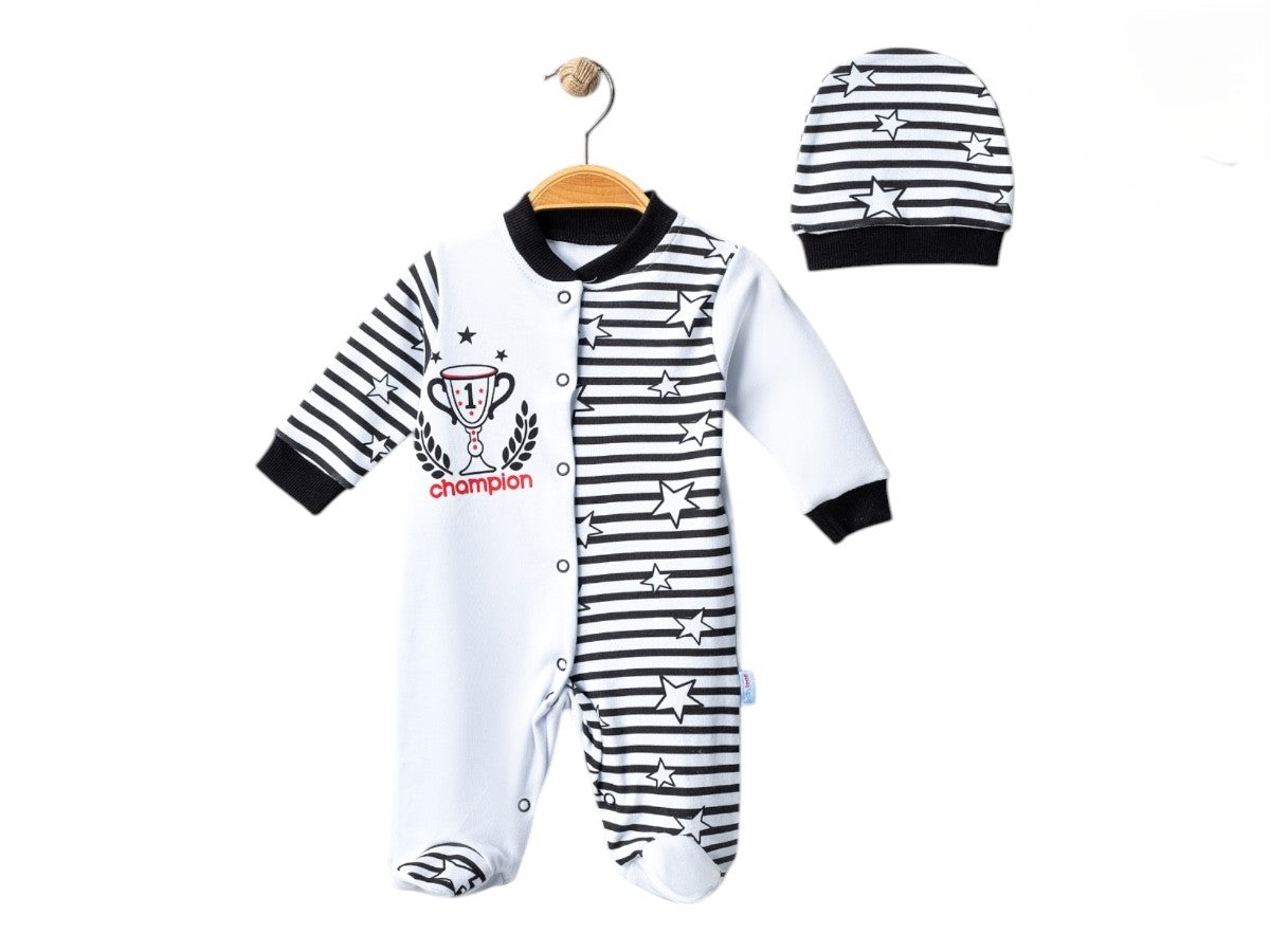 Mini Fan Strampler – Schwarz-Weißes Babyset mit Sternen & Mütze