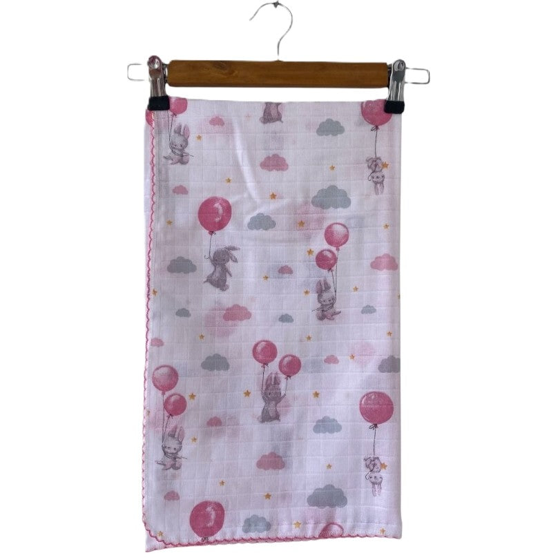 Muslin-Tuch aus 100% Baumwolle für Babymädchen – Rosa Ballon & Häschen Motiv