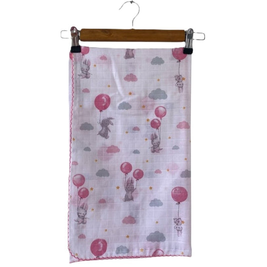Muslin-Tuch aus 100% Baumwolle für Babymädchen – Rosa Ballon & Häschen Motiv