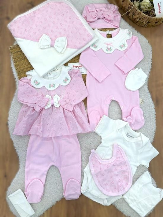 Neugeborenen Erstlingsset „Rose Beauty“ – 10-teiliges Baby-Set für Mädchen | Rosa | 100% Baumwolle & Decke inklusive