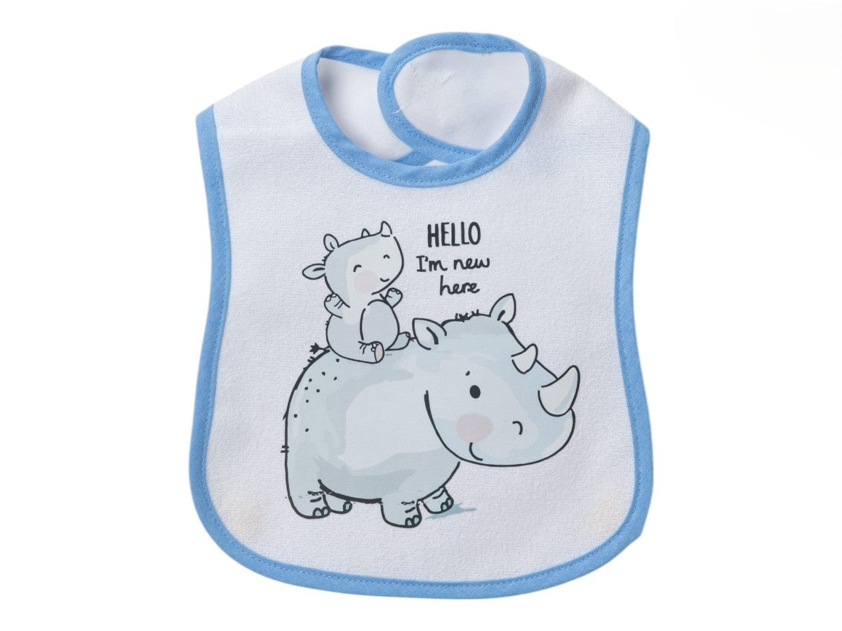 Baby Lätzchen mit Nashorn-Motiv – 100 % Baumwolle, Blau eingefasst