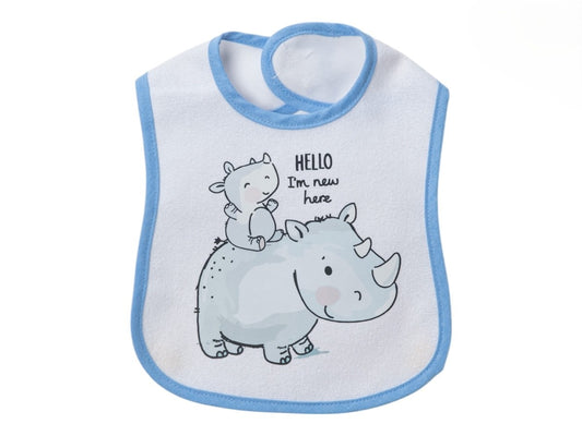 Baby Lätzchen mit Nashorn-Motiv – 100 % Baumwolle, Blau eingefasst