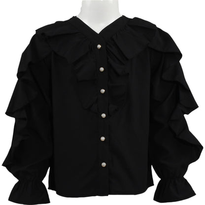 Elegante schwarze Mädchenbluse – Rüschen & Perlenknöpfe
