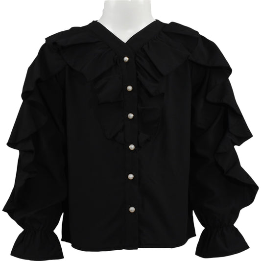 Elegante schwarze Mädchenbluse – Rüschen & Perlenknöpfe