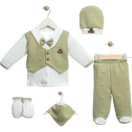 Baby Set 5-teilig – Neugeborenen Outfit mit Weste & Fliege (Pistaziengrün)