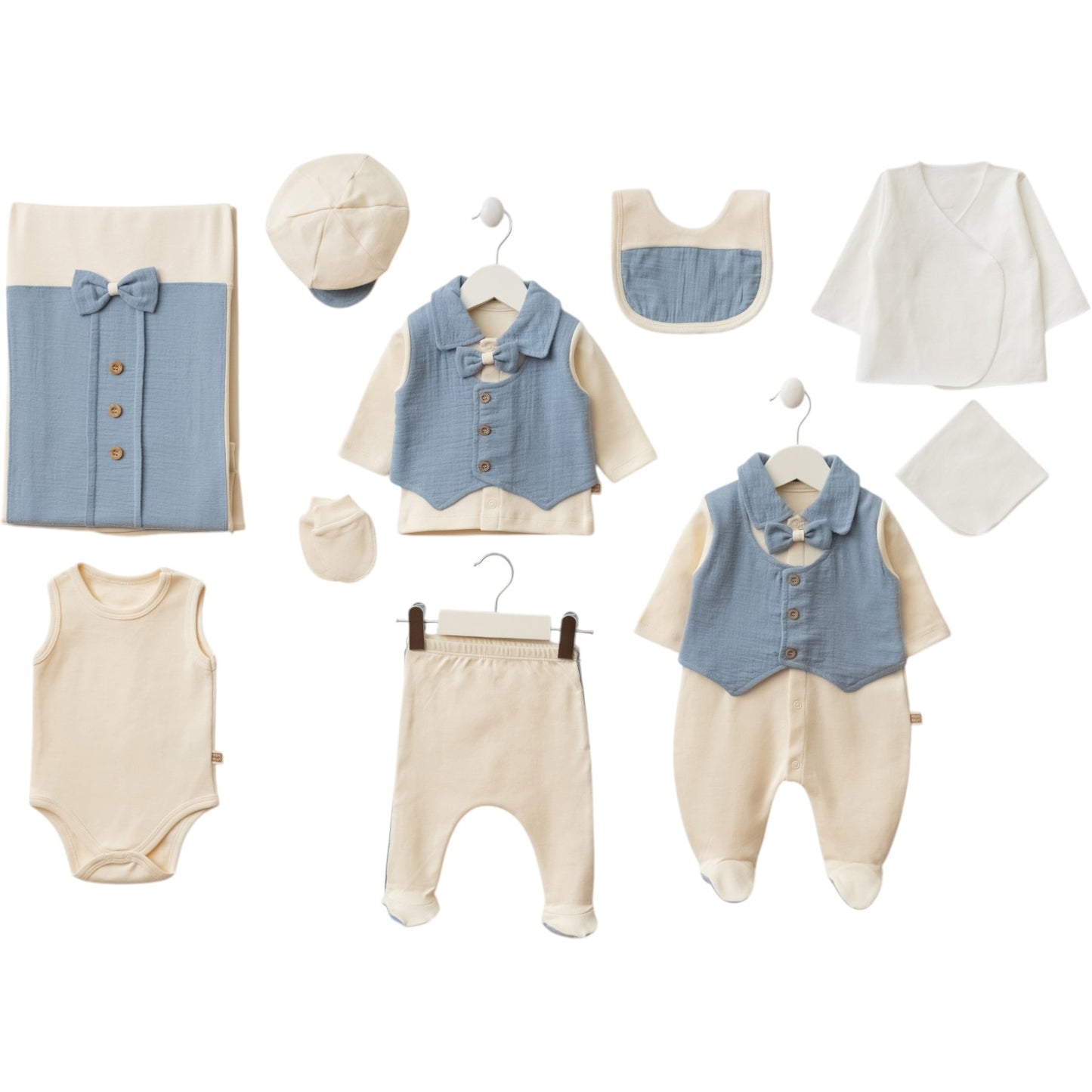 Baby Erstausstattung 10-teilig – Baumwolle & Musselin Set in Blau/Weiß