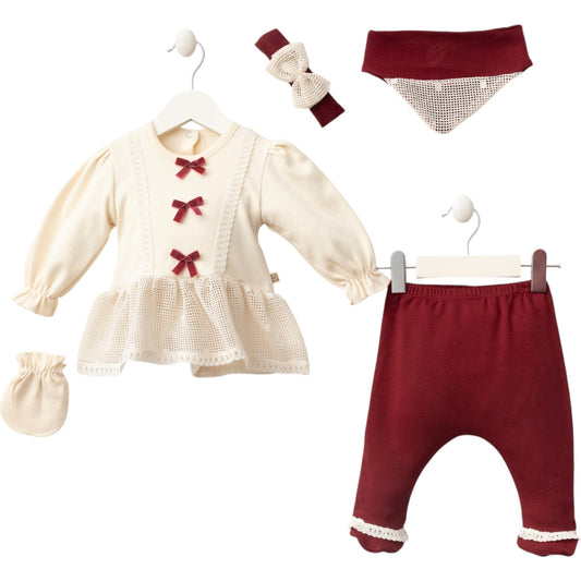 5-teiliges Baby Outfit Set – Langarmshirt, Hose, Stirnband, Handschuhe & Halstuch in Creme/Bordeaux