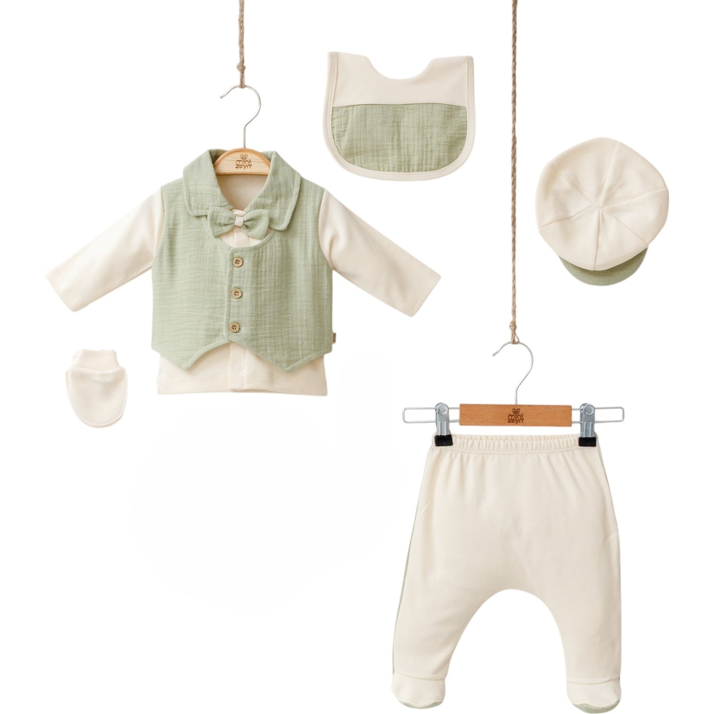 Elegantes 5-teiliges Baby Outfit Set mit Musselin-Weste & Schleife