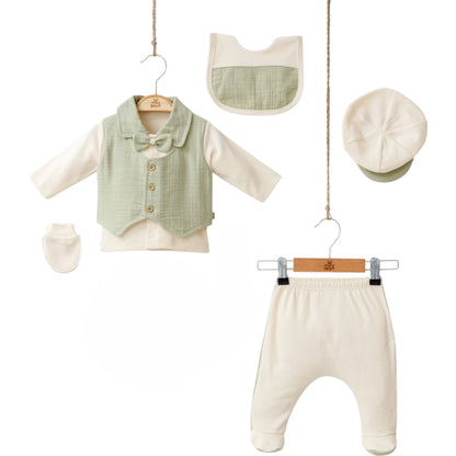 Elegantes 5-teiliges Baby Outfit Set mit Musselin-Weste & Schleife