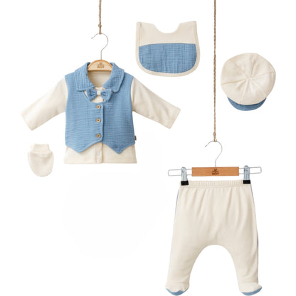 Elegantes 5-teiliges Baby Outfit Set mit Musselin-Weste & Schleife
