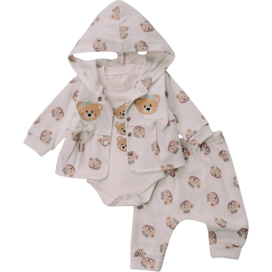 Baby 3-teiliges Set mit Kapuzenjacke, Body & Hose – Bärenmuster