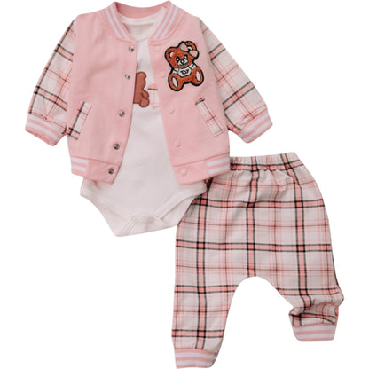Hose & Jacke Body Baby Outfit 3 Baby Outfit 3-teilig mit Teddybär-Motiv in Rosa