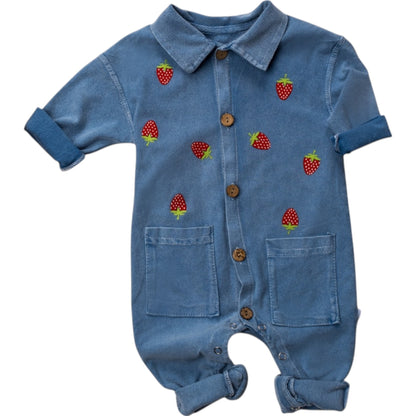 Baby Jeans-Strampler mit Erdbeer-Print – Blau | Bequemer Einteiler für Mädchen