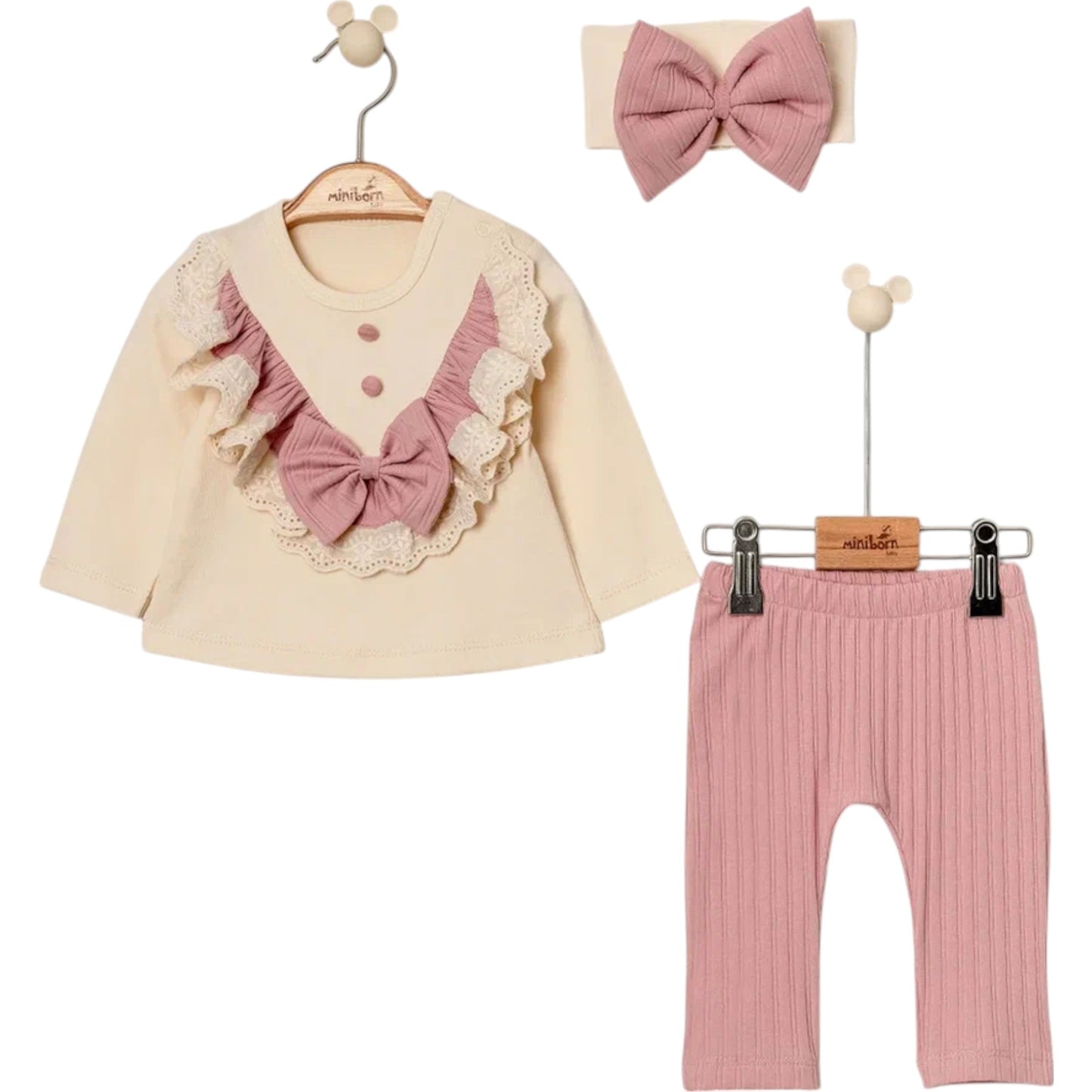 Baby Mädchen 3-teiliges Set – Rüschen Oberteil mit Schleife, Hose & Haarband