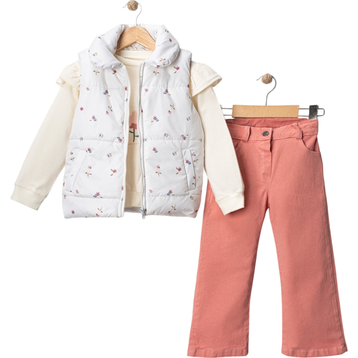 Mädchen 3-teiliges Outfit – Weste, Langarmshirt & Hose in Rosa