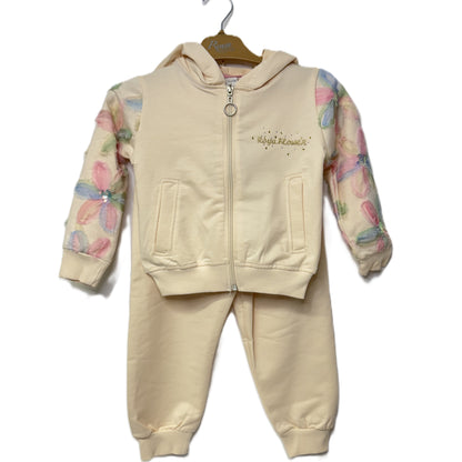 Kinder Jogginganzug – Cremefarben mit Blumenärmeln & Kapuze