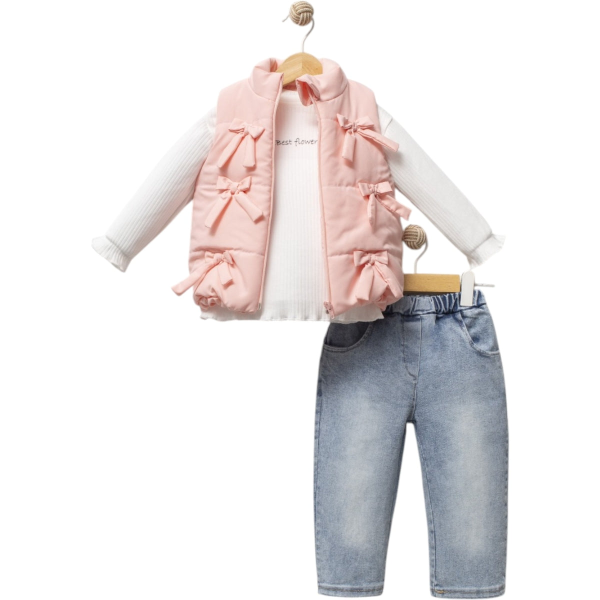 Mädchen 3-teiliges Outfit – Jeans, Langarmshirt & Weste mit Schleifen