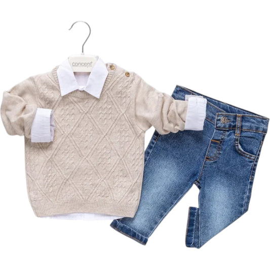 Baby & Kinder Outfit – 3-teiliges Set mit Hemd, Strickpullover & Jeans