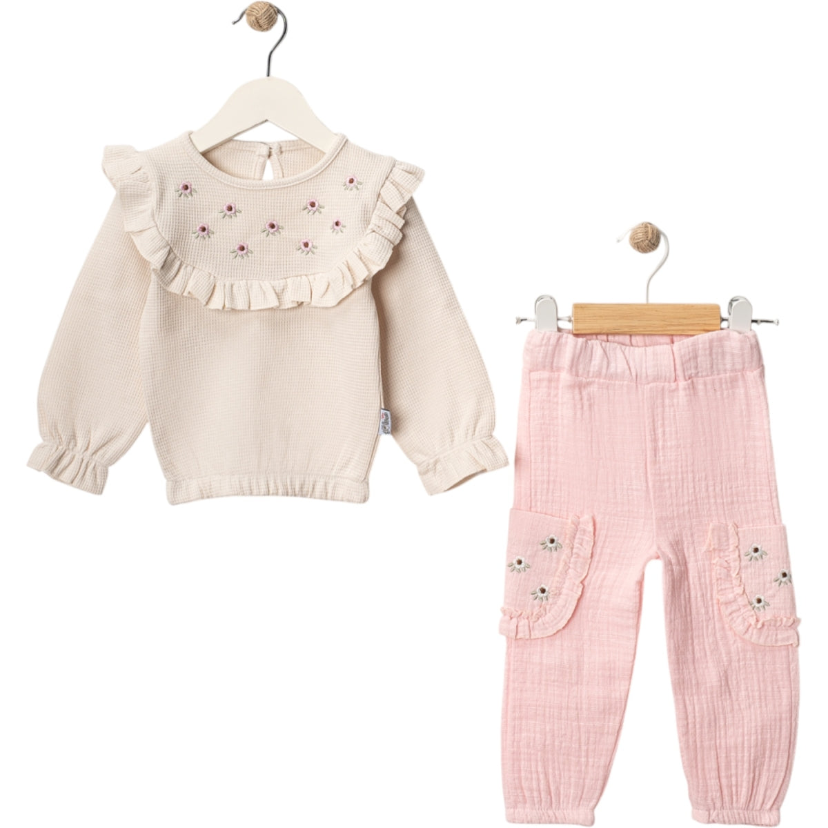 Süßes 2-teiliges Baby Outfit – Langarmshirt mit Rüschen & Hose in Rosa