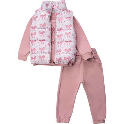 Mädchen Outfit 3-teilig in Rosa – Bequeme Hose, Langarmshirt & Steppweste