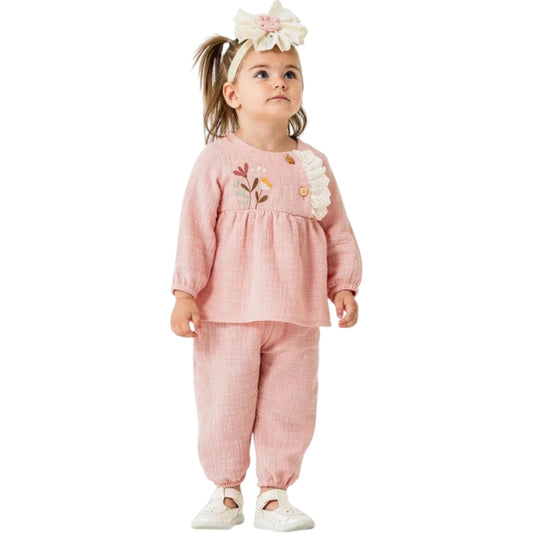 Baby Mädchen 2-teiliges Outfit – Oberteil mit Stickerei & Hose aus Musselin (Rosa)
