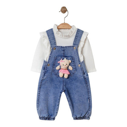 Baby Latzhosen-Set mit Teddybär – Jeansoptik & Langarmshirt (Rosa)