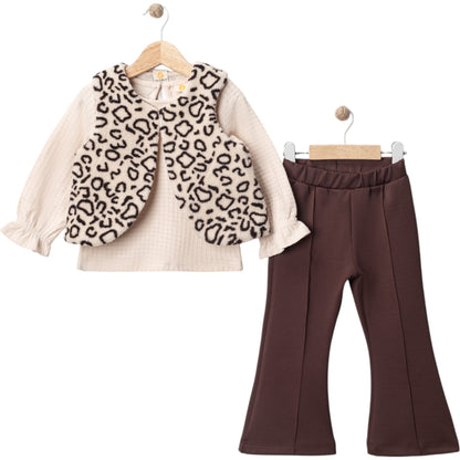 Mädchen 3-teiliges Outfit – Bluse, Hose & Weste mit Leopardenmuster