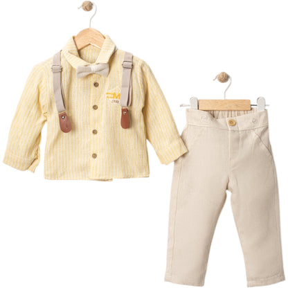Elegantes 4-teiliges Jungen-Outfit mit Fliege, Hemd, Hosenträgern und Hose