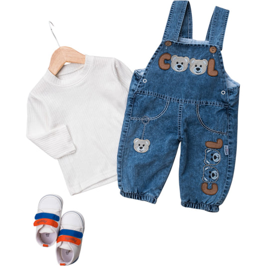 2-teiliges Baby-Jungen Outfit – Oberteil & Jeans-Latzhose mit Bärenmotiv