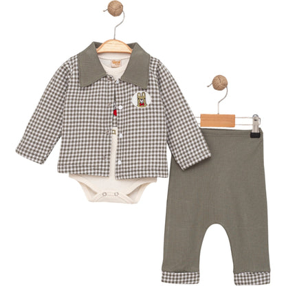Baby 3-teiliges Outfit – Body, Hose & Hemd-Jacke kariert aus Baumwolle