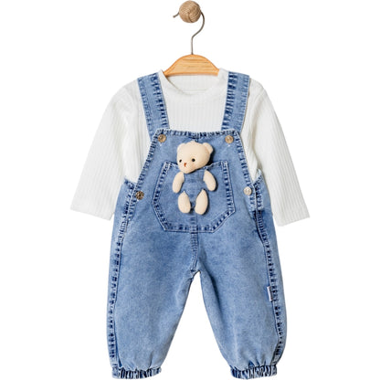 Baby Latzhosen-Set mit Teddybär – Jeansoptik & Langarmshirt