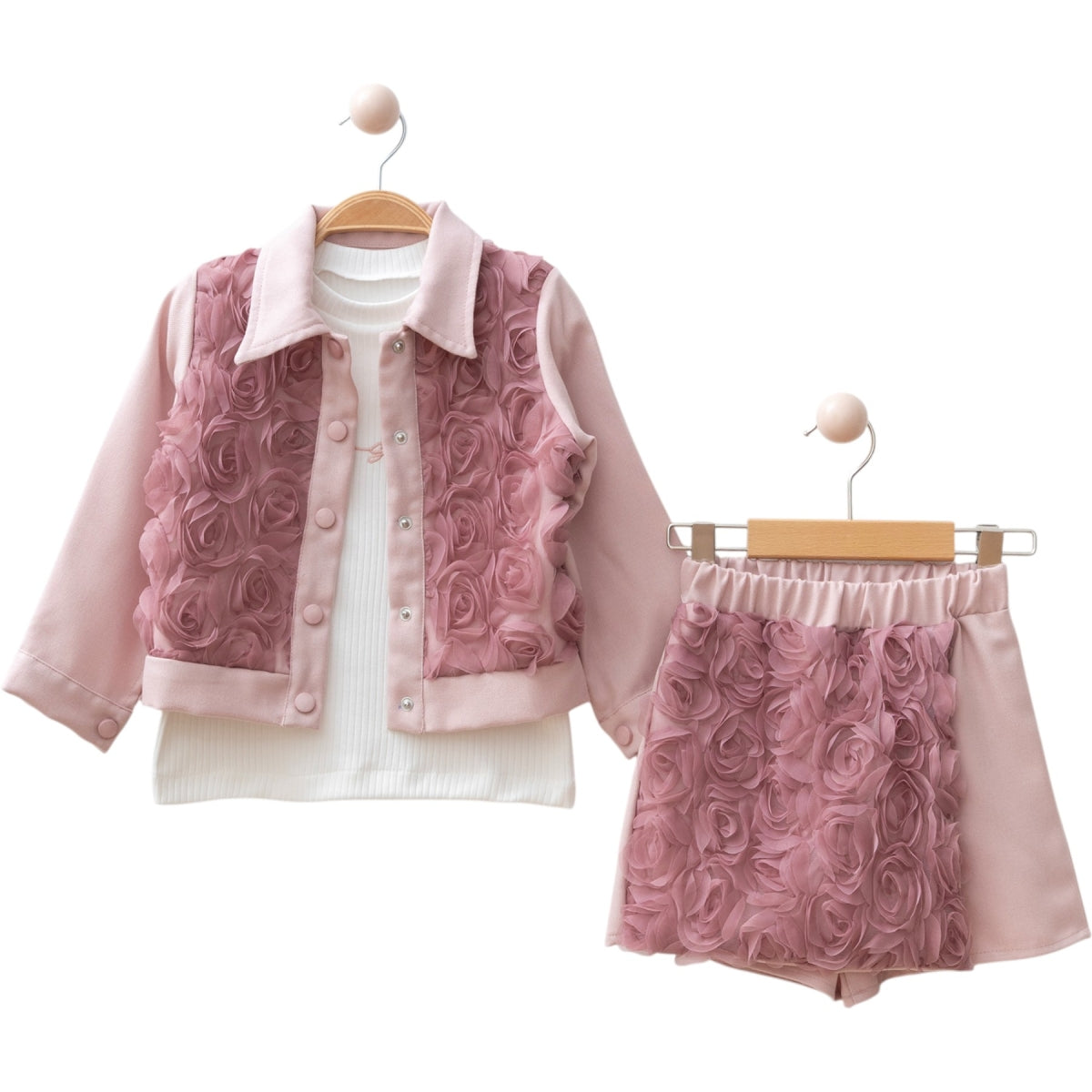 Mädchen 3-teiliges Outfit – Rock, weißes Oberteil & rosa Jacke