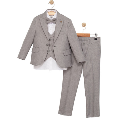 Fünfteiliges Jungen-Anzugset in Grau oder Dunkelblau mit Sakko, Weste, Hose, Hemd & Fliege