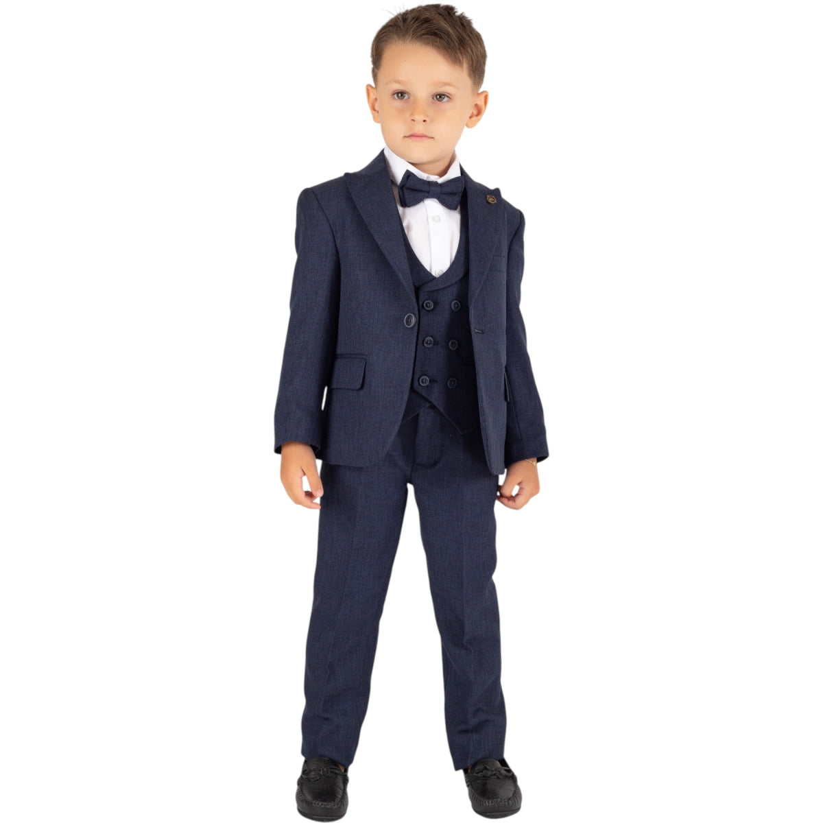 Fünfteiliges Jungen-Anzugset in Grau oder Dunkelblau mit Sakko, Weste, Hose, Hemd & Fliege