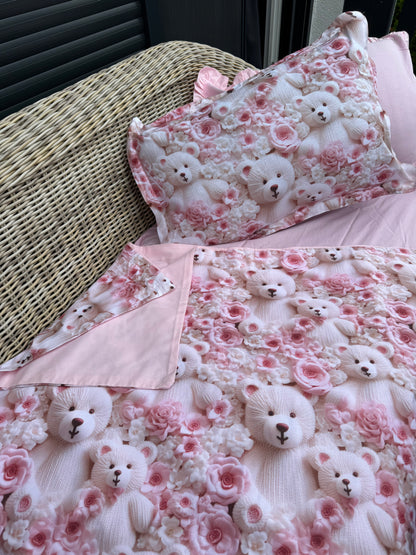 Kinder Bettwäsche Set 4-teilig – Rosa Bärchen & Blumen in 3D Optik, 100% Baumwolle, Pink & Creme