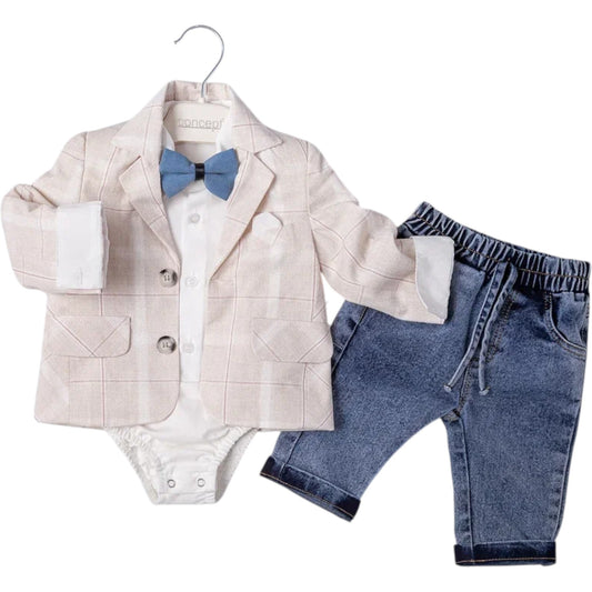 4-teiliges Baby Jungen Outfit – Body, Jacke, Fliege & Hose