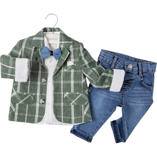 Baby Jungen 4-teiliges Anzugset – Sakko, Hemd, Jeans & Fliege