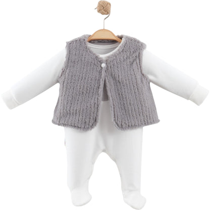 Baby Strampler mit weicher Strickweste – Grau & Weiß | Kuscheliges 2-tlg. Set