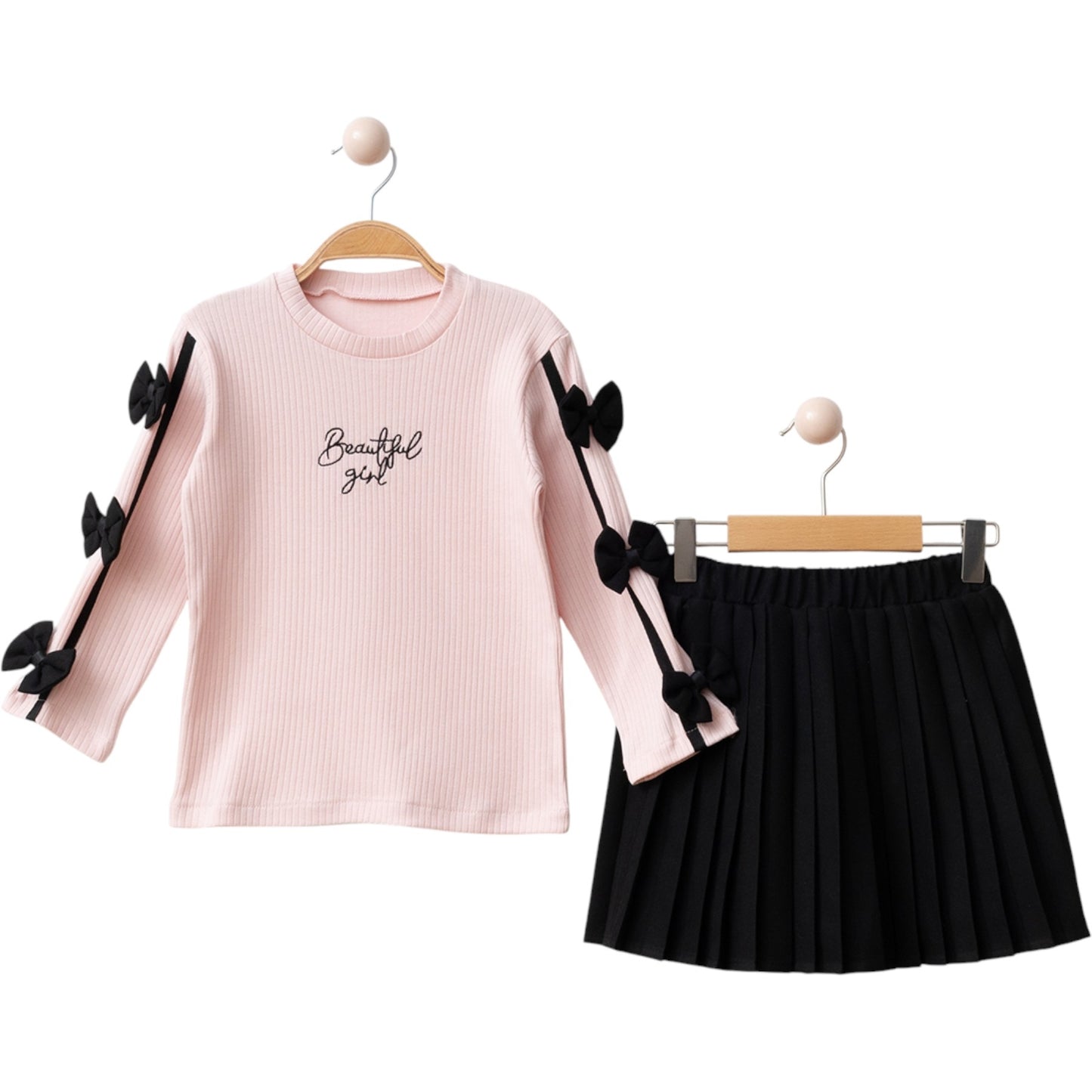 Mädchen 2-teiliges Outfit – Langarmshirt & Faltenrock mit Schleifen