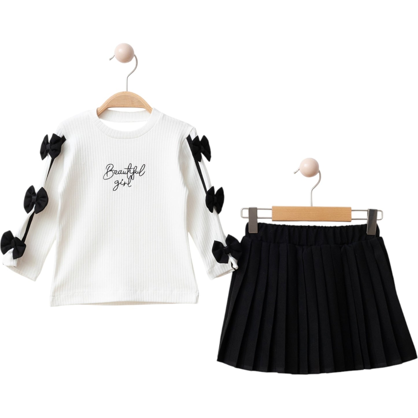 Mädchen 2-teiliges Outfit – Langarmshirt & Faltenrock mit Schleifen