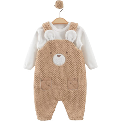 2-teiliges Babyset mit Latzhose & Bärenmotiv – Beige & Weiß